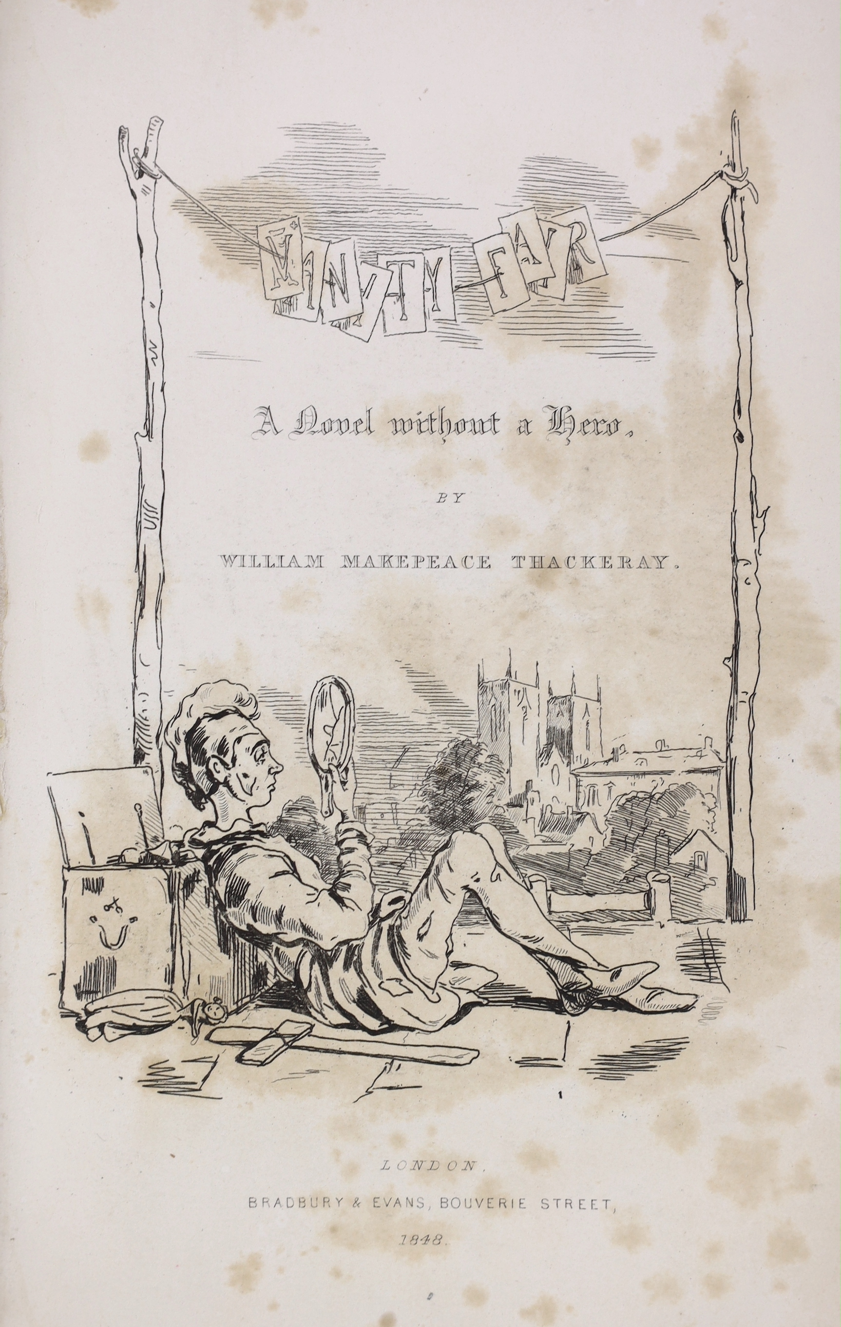 Thackeray, William Makepeace - Vanity Fair. A novel without a hero. First Edition. pictorial engraved and printed titles, frontis. and 38 other plates (by the author), engraved text illus.; later 19th century red half mo